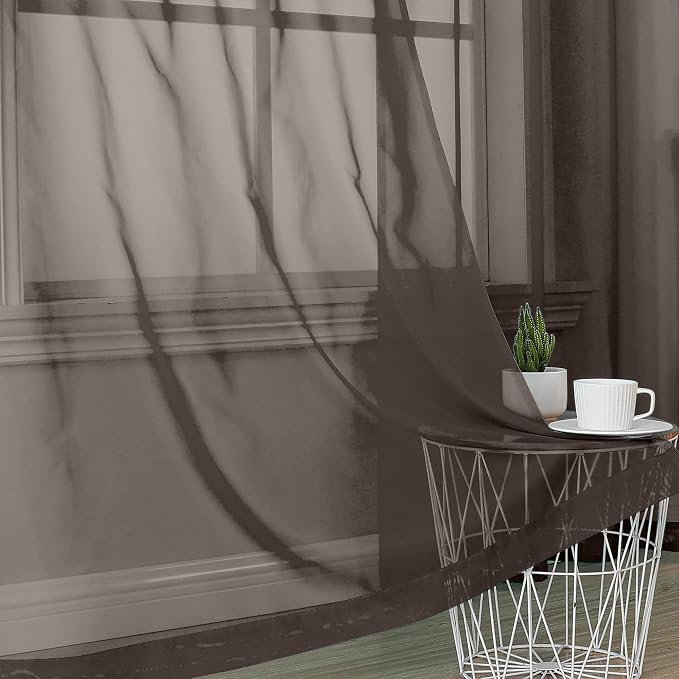 Chocolate Brown Sheer Curtains 84 Inches Long 2 Panels, Light Filtering Sheer - Image 2