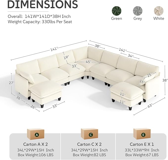 Ihanherry 141" Oversized V-Shaped Modular Sectional Couch, 9-Seater Cloud Sofa - Image 7