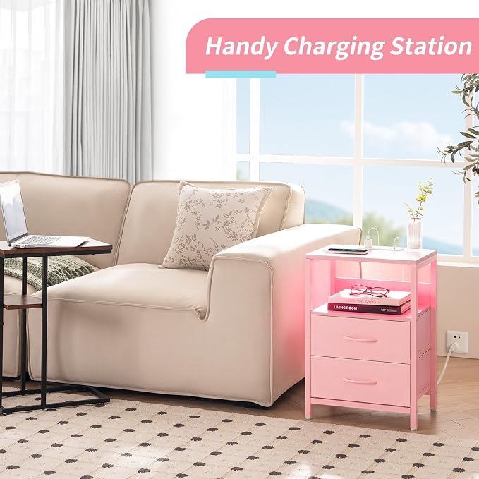 Yoobure Nightstand with Charging Station, LED Night Stand with Fabric Drawers - Image 5