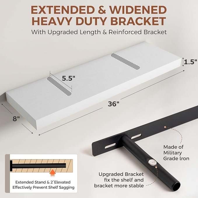 Dreamland White Floating Shelves 36 Inch Long, 8 Inch Deep Floating Shelves - Image 2