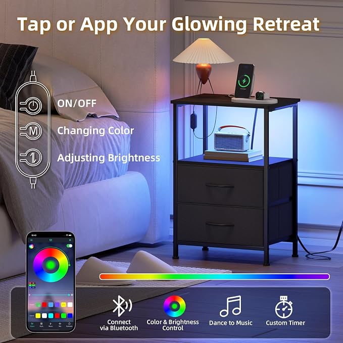 Somdot Black Nightstand with Charging Station and LED Light - Image 4