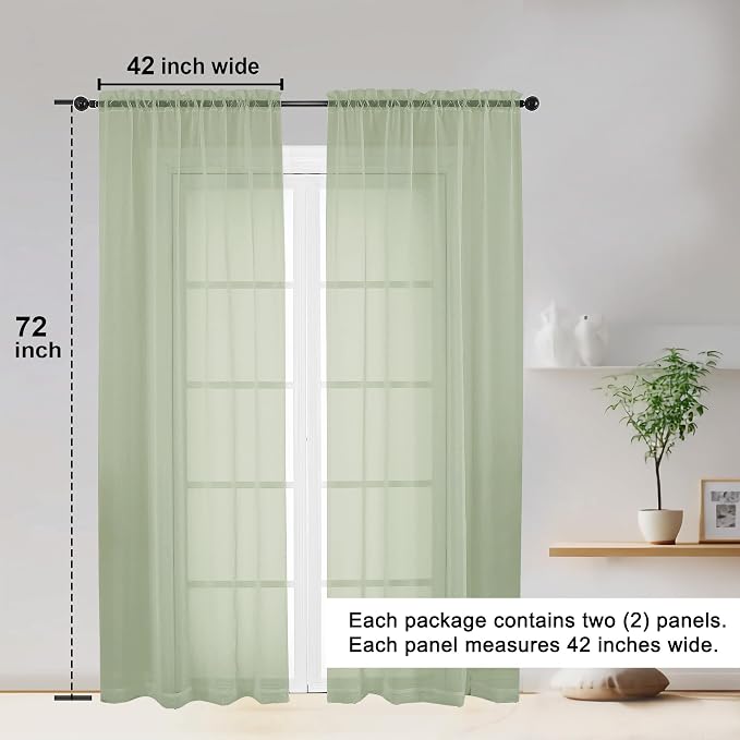 Sheer Curtains 72 Inches Long 2 Panels Set, Light Filtering Sheer Curtain Rod - Image 2