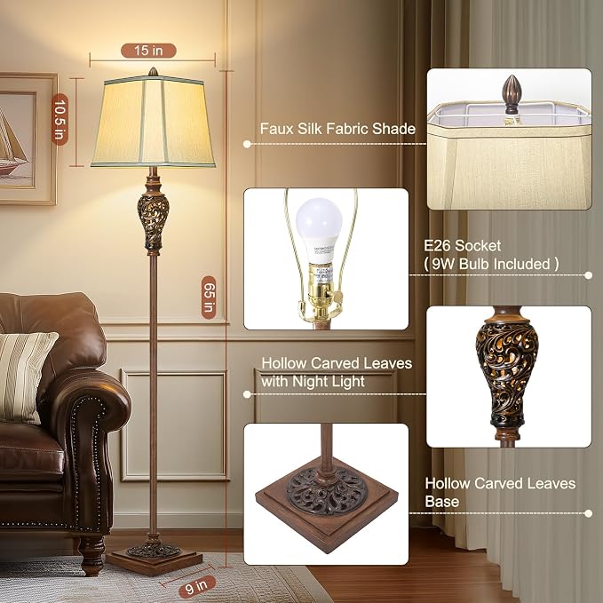 Vintage Floor Lamp with Nightlight, Farmhouse Style Design Tall Lamp Decor - Image 2