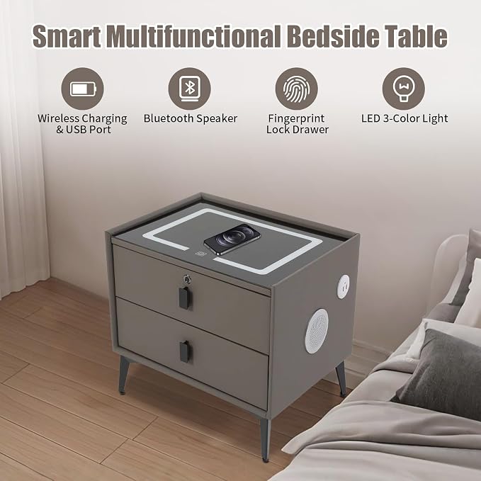Smart Nightstand with Charging Station, Adjustable LED, USB Ports, Fingerprint - Image 3