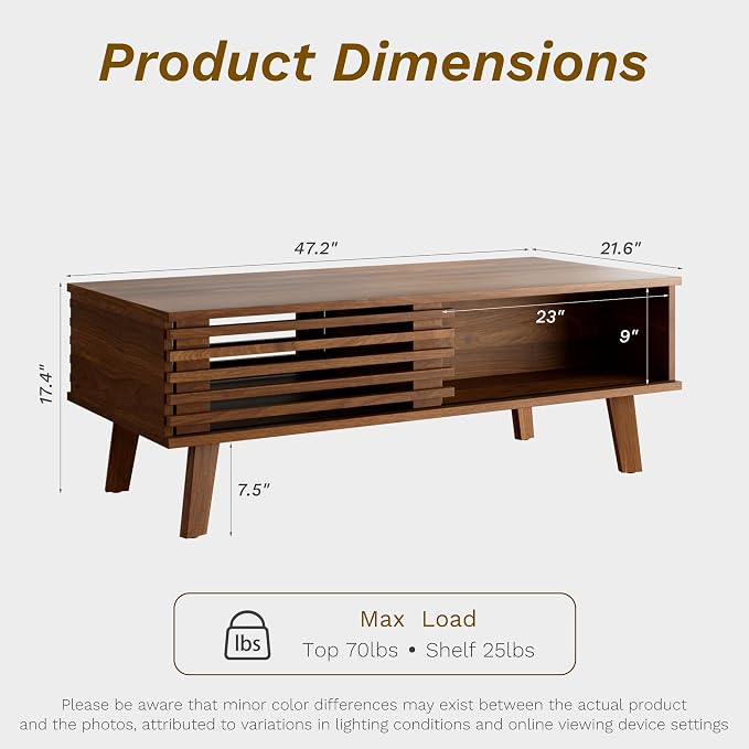 Furniway Mid Century Modern Coffee Table, Wood Coffee Table - Image 2