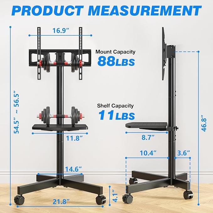 Rolling TV Stand with Shelf for 23-65 inch TVs up to 88lbs, Portable Mobile TV - Image 8
