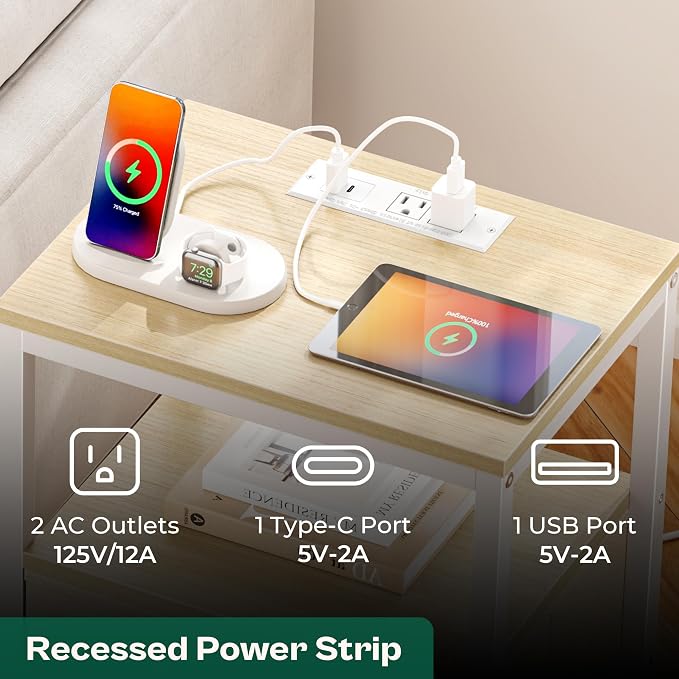Huuger Nightstand with Charging Station, Side Table with Fabric Drawers - Image 4