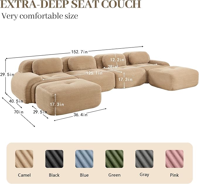 Boneless Sectional Couch, No Assembly Required, 152.7” U Shaped Modular Cloud - Image 3