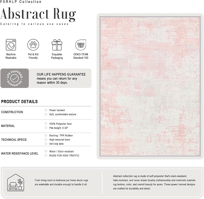2x3 Washable Entryway Rug: Modern Abstract Soft Carpet Pink White | - Image 3