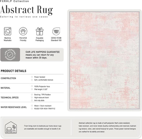 10x14 Area Rug Living Room: Modern Washable Soft Carpet Pink White | - Image 2