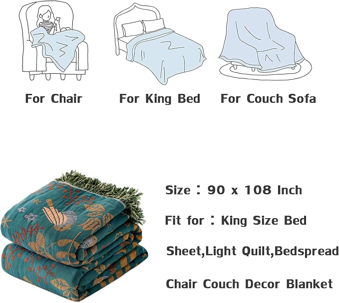 LUTBM King Throw Blanket for Bed 100% Cotton Boho Soft Rustic Quilt Birds and - Image 7