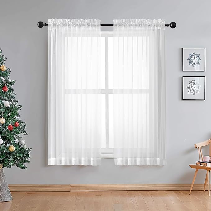 Sheer White Curtains Living Room 54 inches Long, Rod Pocket Curtain Sheers by OWENIE