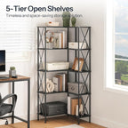 HOOBRO Corner Bookshelf, 5-Tier L-Shaped Bookcase, Industrial Open Display - Image 8