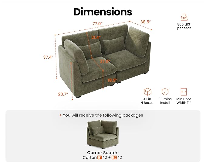 77" Oversized Chenille Couch Modular Sectional Sofa, Washable Cloud Couch - Image 2