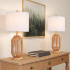 21" Boho Rattan Table Lamps Set of 2, Farmhouse Bedside Nightstand Lamps - Image 2