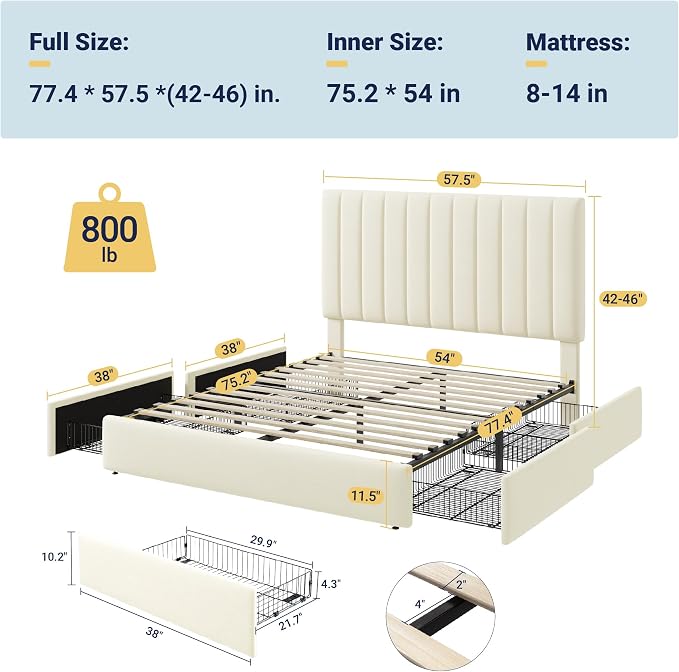 Allewie Full Size Storage Bed Frame, Vertical Channel Tufted Adjustable - Image 2