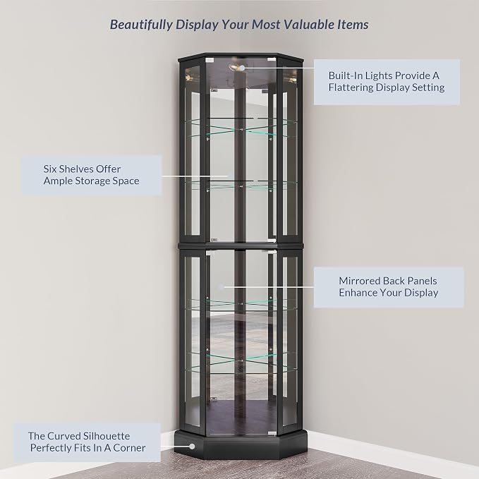 BELLEZE Lighted 3-Side Glass Display Curio Cabinet - Image 5