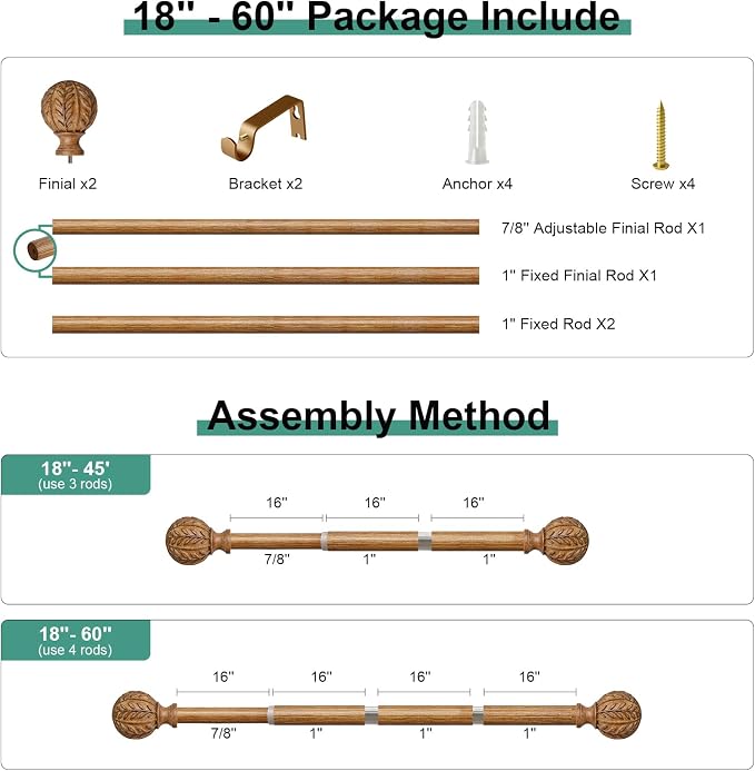 QDWIS Boho Wood Curtain Rods for Windows 28 to 48 inch, Rustic Decorative - Image 8