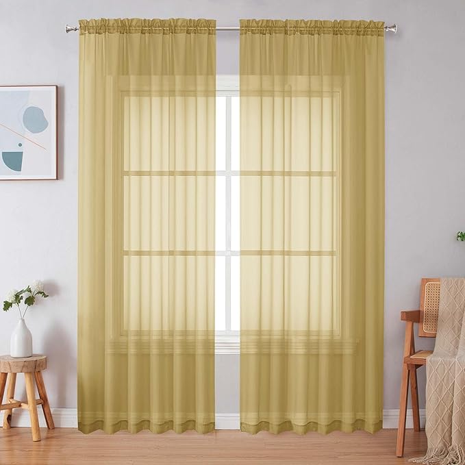Simplebrand Gold Sheer Curtains 84 Inches Long, Light Filtering Rod Pocket by Simplebrand