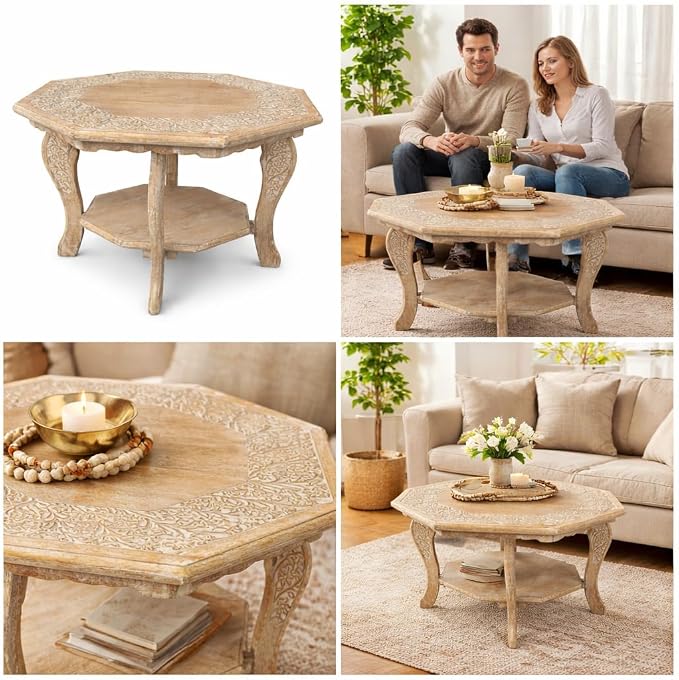 Hand Carved Wooden Octagon Coffee Table, Rustic Foldable Side Table Nightstand - Image 7