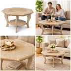 Hand Carved Wooden Octagon Coffee Table, Rustic Foldable Side Table Nightstand - Image 7