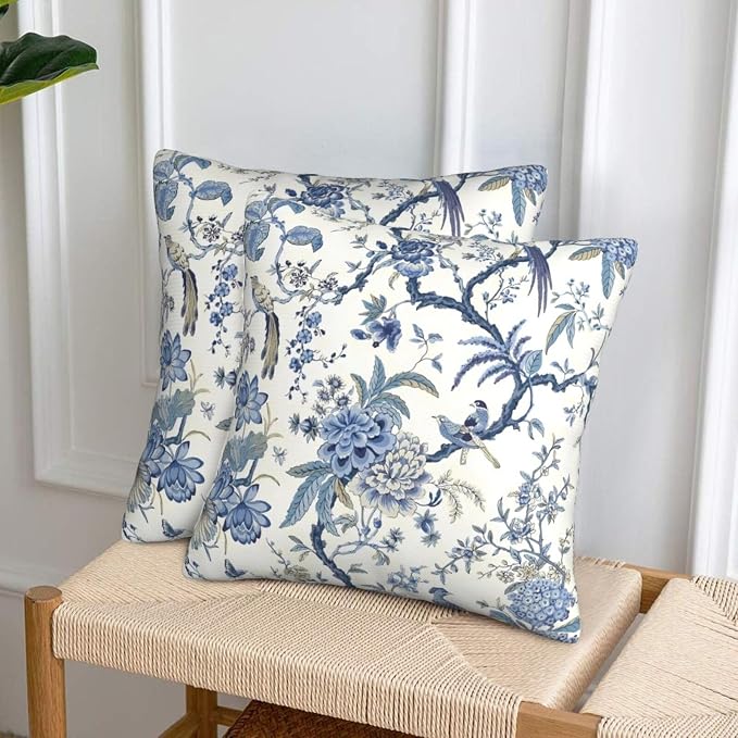 Chinoiserie Blue and White Pillow Covers 18x18 Set of 2, Bird and Flowers Throw - Image 5