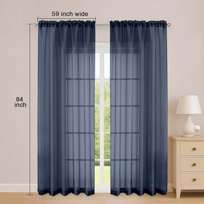 Sheer Curtains 84 Inches Long 2 Panels Set, Sheer Navy Blue Curtains - Image 2