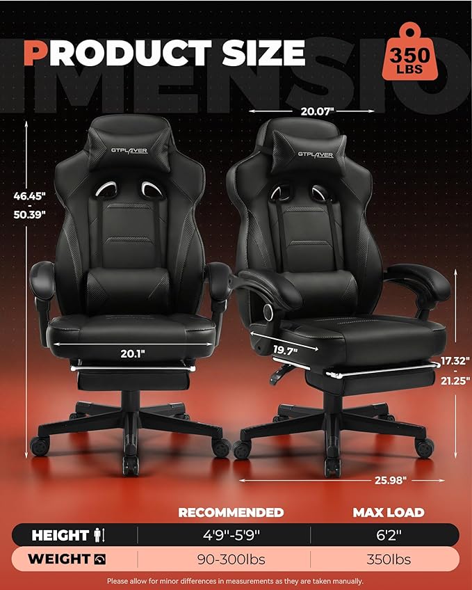 GTPLAYER Gaming Chair with Footrest, Big and Tall Game Chair 350lb Racing Style - Image 3