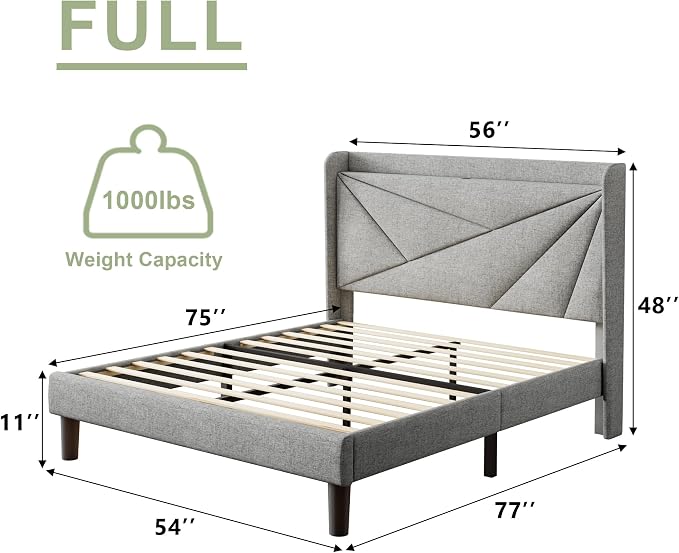 Feonase Full Bed Frame with Charging Station, Linen Upholstered Platform - Image 2