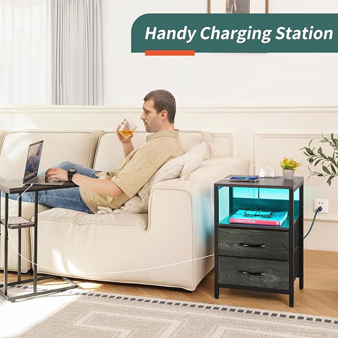 Yoobure Nightstand with Charging Station, LED Night Stand with Fabric Drawers - Image 4