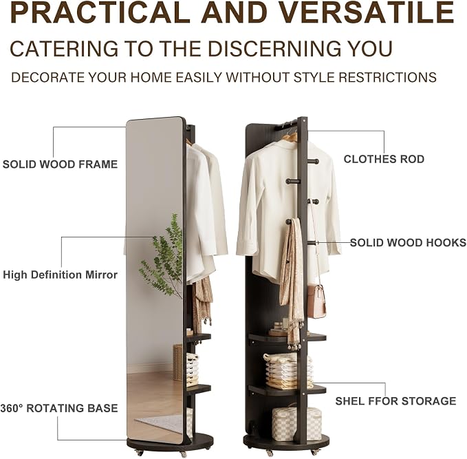 WoodsWhisper Full Length Mirror Coat Rack Solid Wood Floor Mirror 66"x12" Full - Image 5
