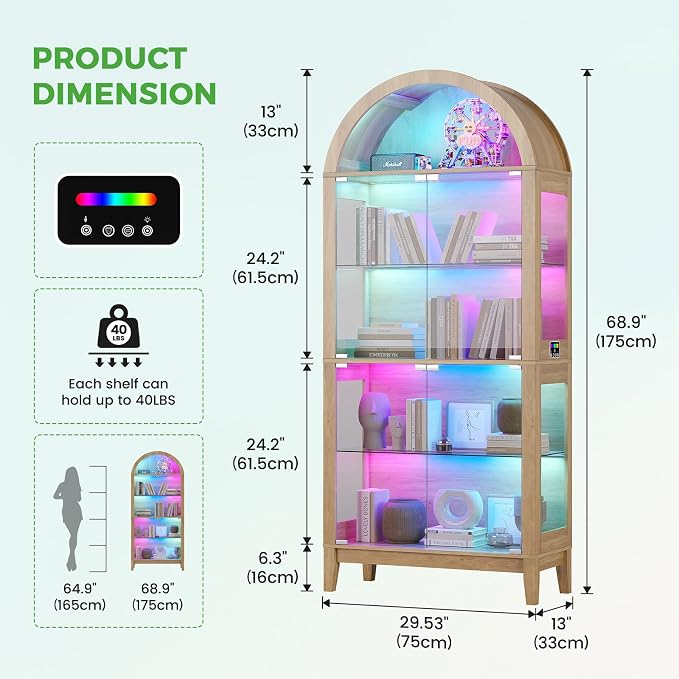 HNEBC Arched Display Case with RGB Lights, LED Curio Cabinet with Shelf - Image 2
