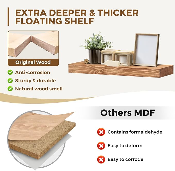 24x8x1.6 inch Floating Shelves Set of 2 – Solid Wood Rustic Oak Wall Mounted - Image 3