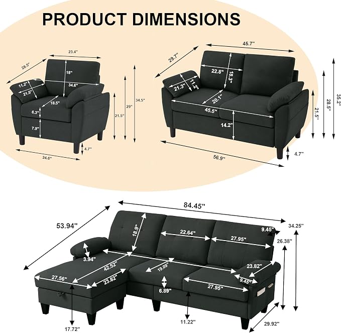 84" Convertible Sectional Sofa Set, 3 Seat L Shaped Couch - Image 2