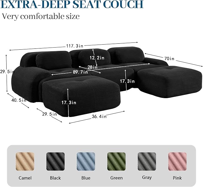 Boneless Sectional Couch, No Assembly Required, 117.3” U Shaped Modular Cloud - Image 3