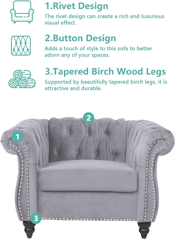 QHITTY 3 Piece Living Room Set, Sectional Chesterfield Sofa Chair Contemporary - Image 3