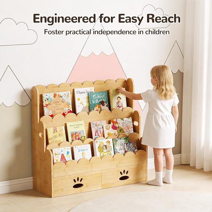 ELYKEN Kids Bookshelf with 2 Drawers, 3-Tier Bamboo Book Shelf - Image 4