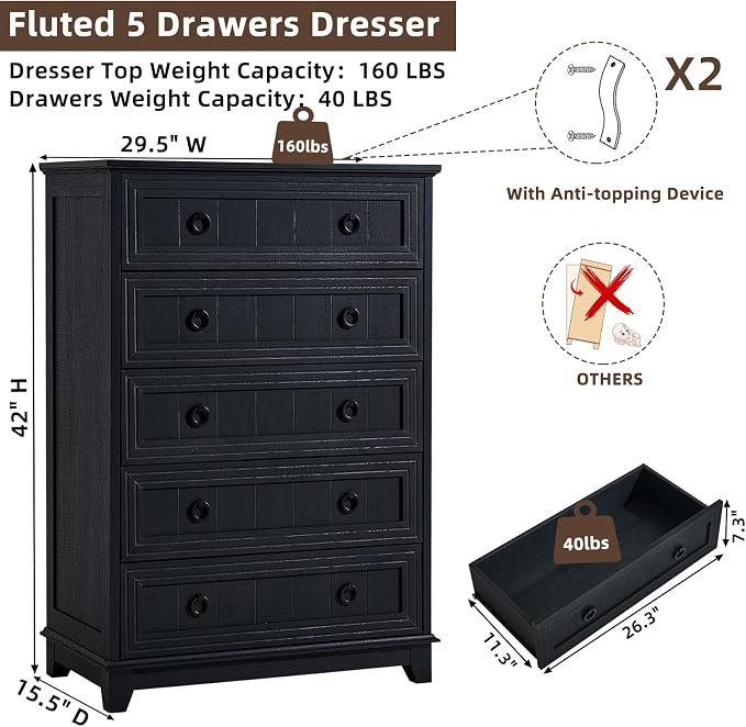 Joaxswe Farmhouse 5 Drawer Dresser - Image 2