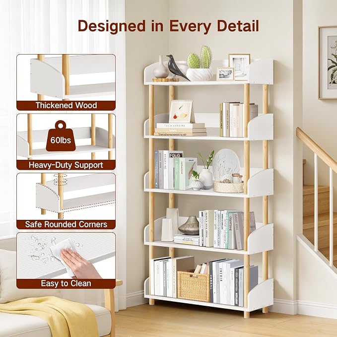 5-Tier Wooden Bookshelf, Modern Open Bookcase - Image 4