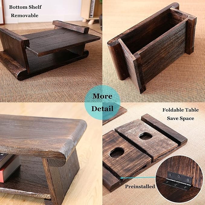 Solid Wood Vintage Folding Japanese Tea Table, Foldable Low Table, 2-Tier - Image 6