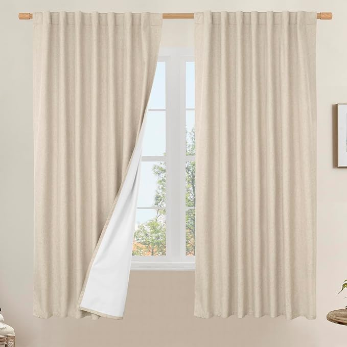 100% Blackout Linen Curtains 63 Inches Long 2 Panels, 60 x 63 Inch | Linen by LAMIT