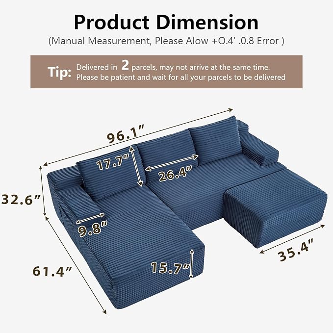 96" Cloud Sectional Couch U-Shaped Chaise - Image 2