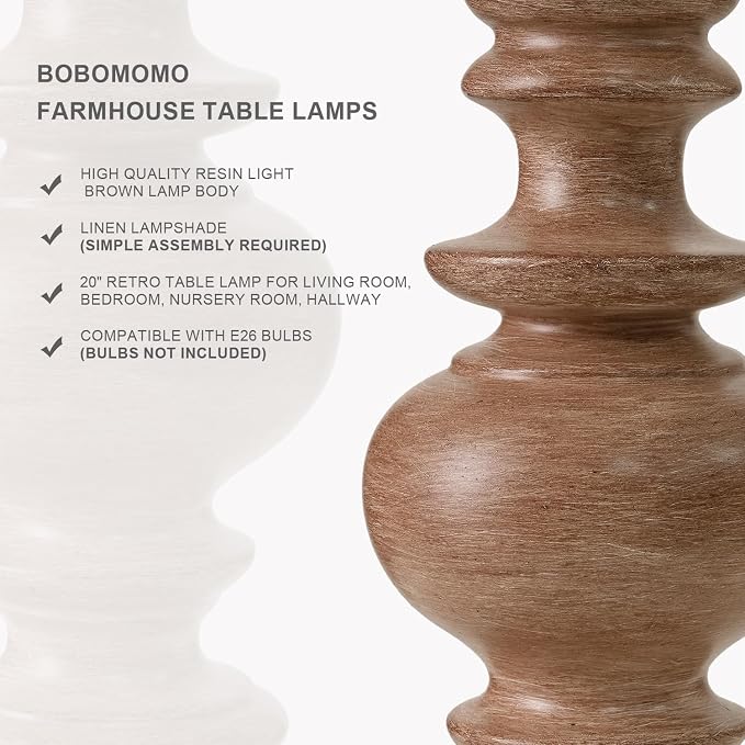 BOBOMOMO 20" Rustic Bedside Lamps Set of 2- Vintage Resin Table Lamps - Image 3