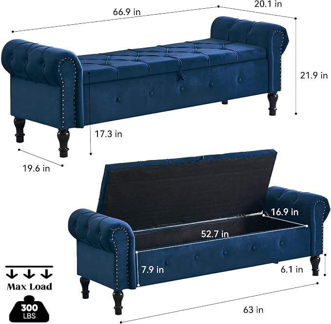 Storage Bench for Bedroom, Velvet 67" End of Bed Bench, King Size Bench - Image 2