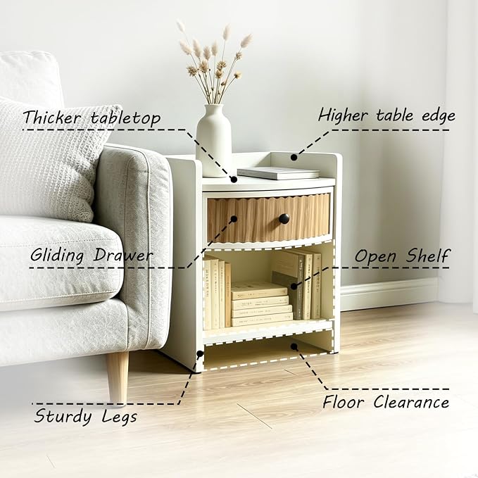 Wooden Nightstand with Drawer and Open Storage Shelf, Curved Front Bedside Table - Image 3