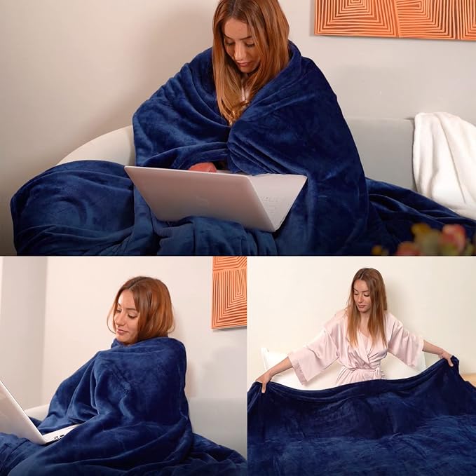 Fleece Plush Throw Blanket Navy Blue 90"x90"for Couch Fuzzy Cozy Flannel | - Image 2
