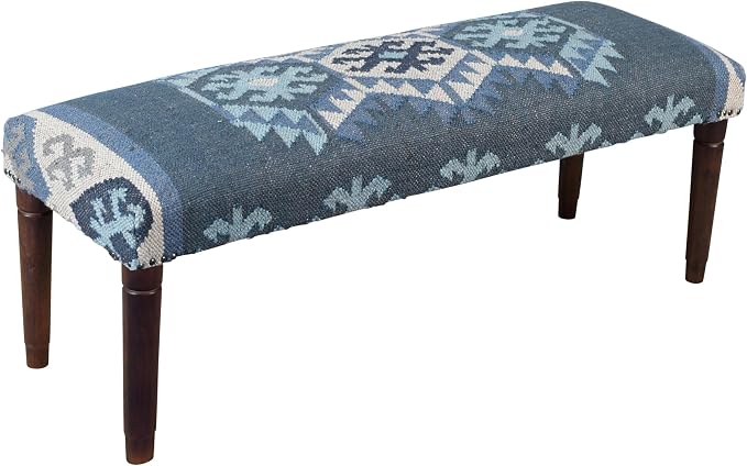 LR Home Blue/Ivory Handmade Upholstered Bench - Image 4