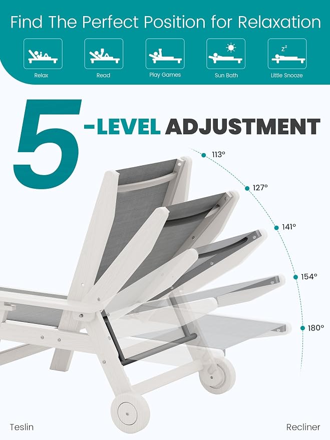SERWALL Textilene Patio Chaise Lounge Chair, 5 Positions Adjustable Outdoor - Image 3
