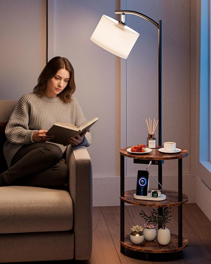 Round Side Table with Lamp and USB Ports, 3-Tier Small End Table - Image 2