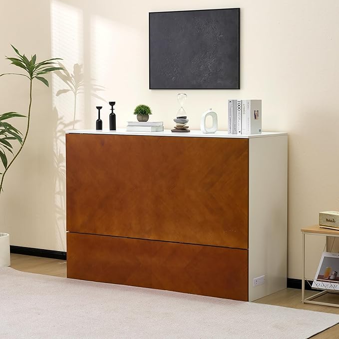 VINGLI Full Murphy Bed with Storage Drawer, 2 Charging Station, Rustic & - Image 2